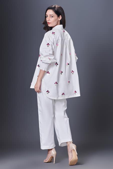 Shop Deepika Arora White Cotton Sequins Bandeau Neck Embroidered Shirt And Pant Set at Aza Fashions Shop_Deepika Arora_White Cotton Sequins Bandeau Neck Embroidered Shirt And Pant Set_at_Aza_Fashions