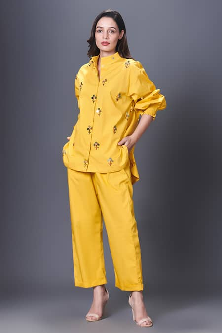 Deepika Arora Yellow 100% Cotton Hand Embroidered Sequins Collar Shirt And Pant Set 