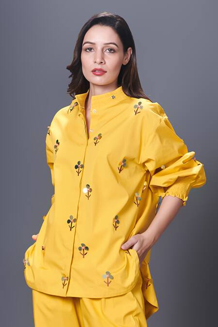 Deepika Arora Yellow Cotton Sequins Bandeau Neck Embroidered Shirt And Pant Set Online at Aza Fashions Deepika Arora_Yellow Cotton Sequins Bandeau Neck Embroidered Shirt And Pant Set_Online_at_Aza_Fashions