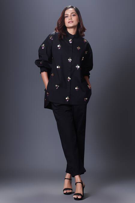 Deepika Arora Black Cotton Embroidery Bandeau Neck Hand Shirt Online at Aza Fashions Deepika Arora_Black Cotton Embroidery Bandeau Neck Hand Shirt_Online_at_Aza_Fashions