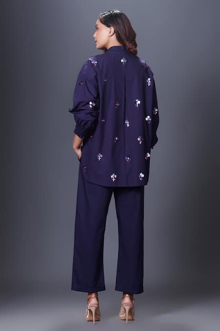 Shop_Deepika Arora_Blue Cotton Embroidery Bandeau Neck Shirt _at_Aza_Fashions