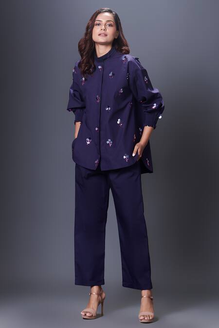 Deepika Arora_Blue Cotton Embroidery Bandeau Neck Shirt _Online_at_Aza_Fashions