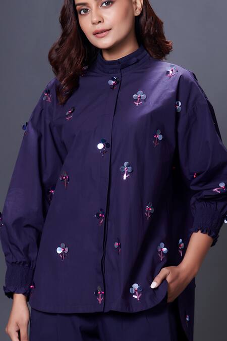 Buy_Deepika Arora_Blue Cotton Embroidery Bandeau Neck Shirt _Online_at_Aza_Fashions