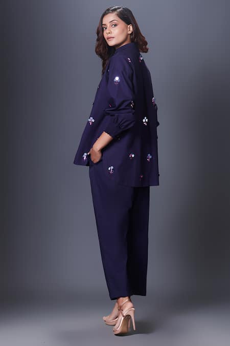 Shop_Deepika Arora_Blue Cotton Embroidery Bandeau Neck Shirt _Online_at_Aza_Fashions