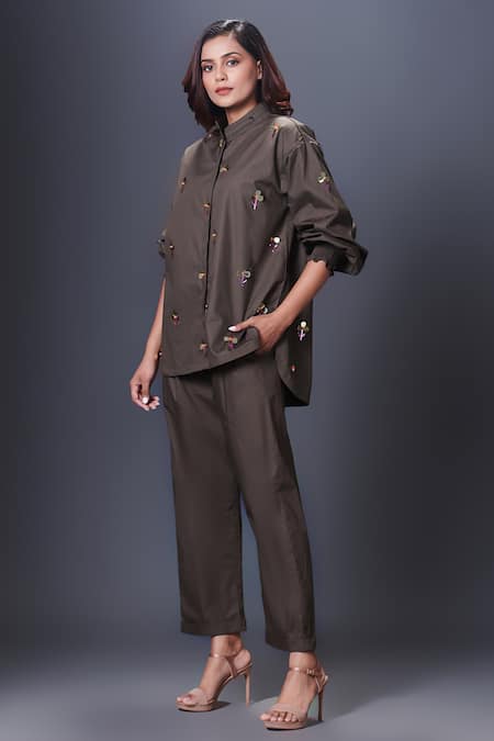 Buy_Deepika Arora_Green Cotton Sequins Mandarin Collar Floral Hand Embroidered Shirt_Online_at_Aza_Fashions