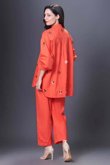 Shop Deepika Arora Orange Cotton Embroidery Mandarin Collar Hand Shirt at Aza Fashions Shop_Deepika Arora_Orange Cotton Embroidery Mandarin Collar Hand Shirt_at_Aza_Fashions