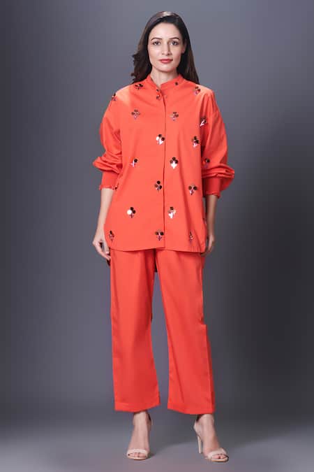 Deepika Arora Orange Cotton Embroidery Mandarin Collar Hand Shirt Online at Aza Fashions Deepika Arora_Orange Cotton Embroidery Mandarin Collar Hand Shirt_Online_at_Aza_Fashions
