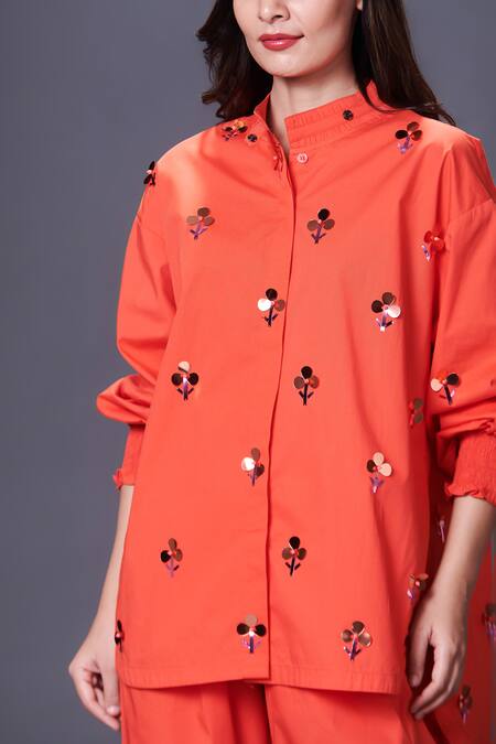 Buy Deepika Arora Orange Cotton Embroidery Mandarin Collar Hand Shirt Online at Aza Fashions Buy_Deepika Arora_Orange Cotton Embroidery Mandarin Collar Hand Shirt_Online_at_Aza_Fashions