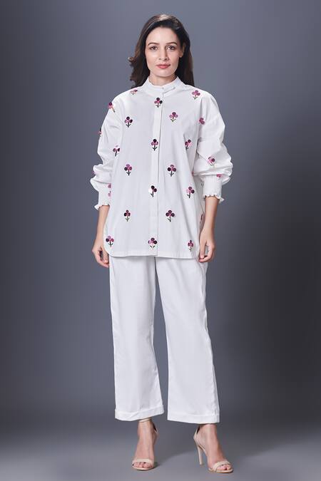 Deepika Arora White Cotton Embroidery Mandarin Collar Floral Hand Shirt Online at Aza Fashions Deepika Arora_White Cotton Embroidery Mandarin Collar Floral Hand Shirt_Online_at_Aza_Fashions