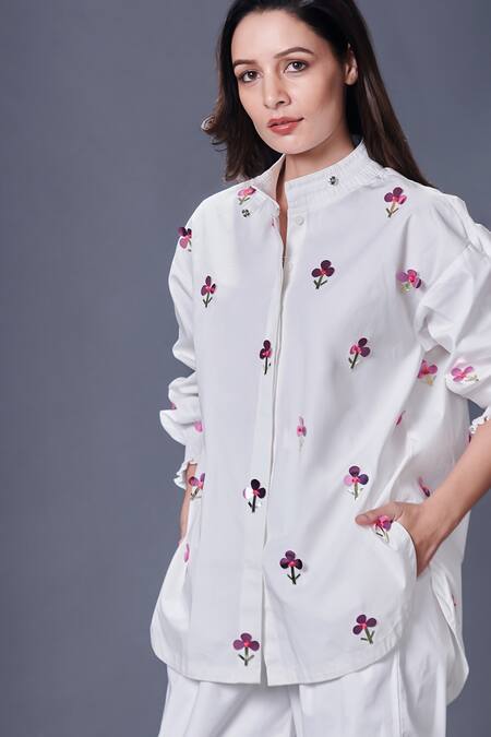 Buy Deepika Arora White Cotton Embroidery Mandarin Collar Floral Hand Shirt Online at Aza Fashions Buy_Deepika Arora_White Cotton Embroidery Mandarin Collar Floral Hand Shirt_Online_at_Aza_Fashions