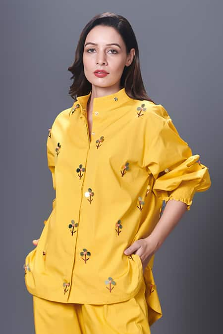 Deepika Arora Yellow 100% Cotton Hand Embroidered Floral Mandarin Shirt 