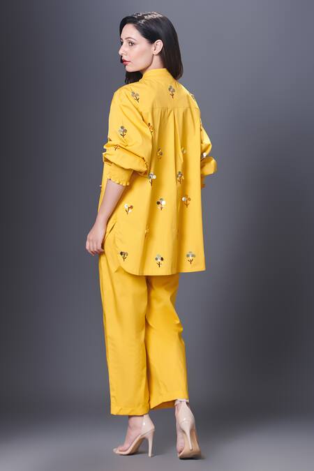 Shop Deepika Arora Yellow Cotton Embroidery Mandarin Collar Floral Hand Shirt at Aza Fashions Shop_Deepika Arora_Yellow Cotton Embroidery Mandarin Collar Floral Hand Shirt_at_Aza_Fashions