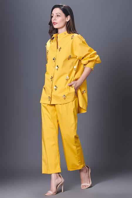 Buy Deepika Arora Yellow Cotton Embroidery Mandarin Collar Floral Hand Shirt Online at Aza Fashions Buy_Deepika Arora_Yellow Cotton Embroidery Mandarin Collar Floral Hand Shirt_Online_at_Aza_Fashions