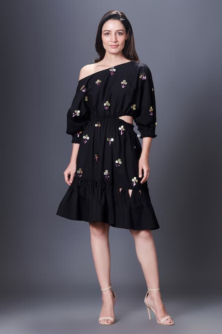 Deepika Arora Black 100% Cotton Hand Embroidered Floral One Shoulder Dress 