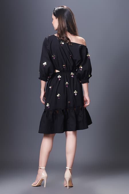 Shop Deepika Arora Black Cotton Sequins One Shoulder Hand Embroidered Dress at Aza Fashions Shop_Deepika Arora_Black Cotton Sequins One Shoulder Hand Embroidered Dress_at_Aza_Fashions