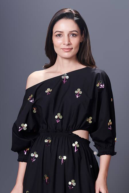 Deepika Arora Black Cotton Sequins One Shoulder Hand Embroidered Dress Online at Aza Fashions Deepika Arora_Black Cotton Sequins One Shoulder Hand Embroidered Dress_Online_at_Aza_Fashions