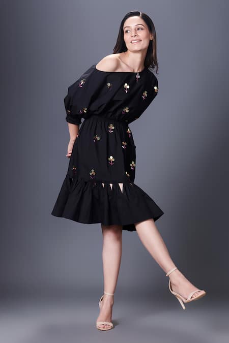 Shop Deepika Arora Black Cotton Sequins One Shoulder Hand Embroidered Dress Online at Aza Fashions Shop_Deepika Arora_Black Cotton Sequins One Shoulder Hand Embroidered Dress_Online_at_Aza_Fashions