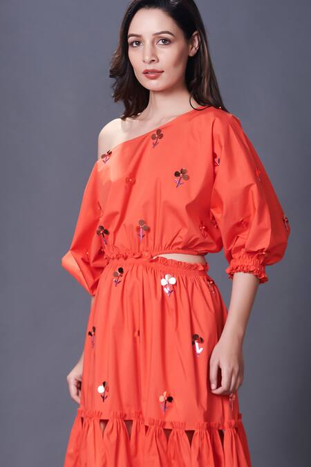 Buy_Deepika Arora_Orange Cotton Sequins One Shoulder Floral Hand Embroidered Dress_Online_at_Aza_Fashions