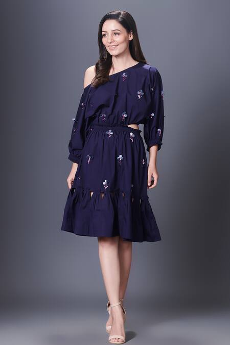 Deepika Arora_Purple Cotton Sequins One Shoulder Embroidered Dress_Online_at_Aza_Fashions