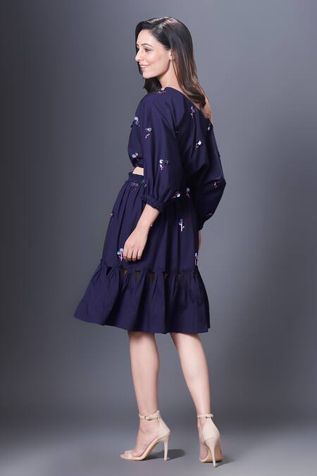 Buy_Deepika Arora_Purple Cotton Sequins One Shoulder Embroidered Dress_Online_at_Aza_Fashions