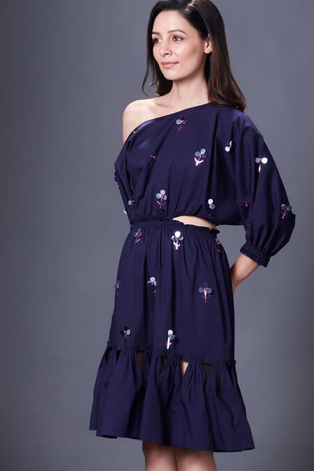 Shop_Deepika Arora_Purple Cotton Sequins One Shoulder Embroidered Dress_Online_at_Aza_Fashions