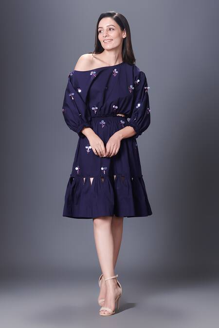 Deepika Arora_Purple Cotton Sequins One Shoulder Embroidered Dress_at_Aza_Fashions