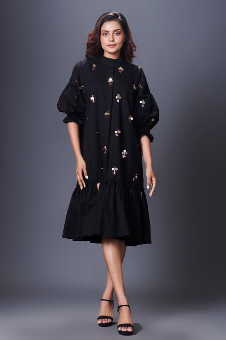 Deepika Arora_Black Cotton Sequins Collared, Mandarin Puff Sleeve Hand Embroidered Dress_Online_at_Aza_Fashions