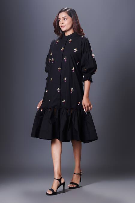 Buy_Deepika Arora_Black Cotton Sequins Collared, Mandarin Puff Sleeve Hand Embroidered Dress_Online_at_Aza_Fashions
