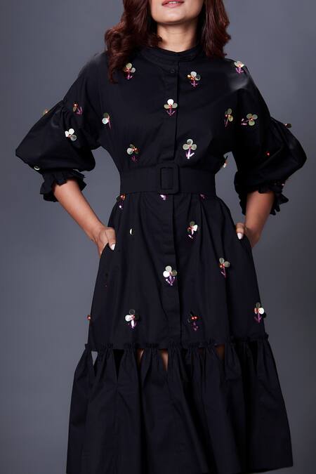 Shop_Deepika Arora_Black Cotton Sequins Collared, Mandarin Puff Sleeve Hand Embroidered Dress_Online_at_Aza_Fashions
