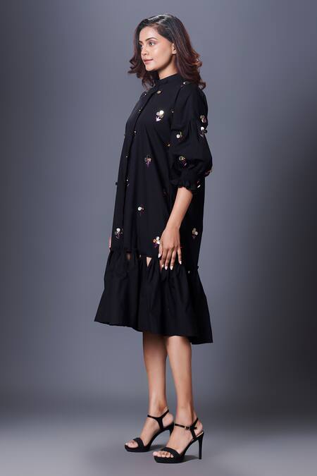 Deepika Arora_Black Cotton Sequins Collared, Mandarin Puff Sleeve Hand Embroidered Dress_at_Aza_Fashions