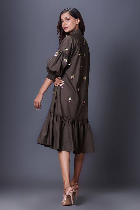 Shop Deepika Arora Green Cotton Sequins Mandarin Collar Floral Puff Sleeve Hand Embroidered Dress at Aza Fashions Shop_Deepika Arora_Green Cotton Sequins Mandarin Collar Floral Puff Sleeve Hand Embroidered Dress_at_Aza_Fashions