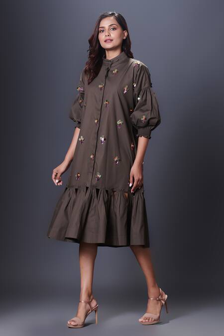 Deepika Arora Green Cotton Sequins Mandarin Collar Floral Puff Sleeve Hand Embroidered Dress Online at Aza Fashions Deepika Arora_Green Cotton Sequins Mandarin Collar Floral Puff Sleeve Hand Embroidered Dress_Online_at_Aza_Fashions