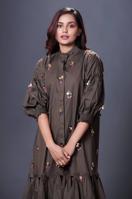 Buy Deepika Arora Green Cotton Sequins Mandarin Collar Floral Puff Sleeve Hand Embroidered Dress Online at Aza Fashions Buy_Deepika Arora_Green Cotton Sequins Mandarin Collar Floral Puff Sleeve Hand Embroidered Dress_Online_at_Aza_Fashions