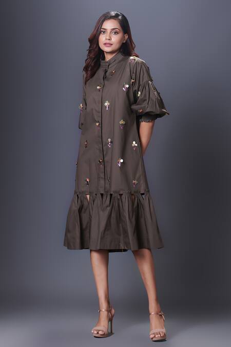 Shop Deepika Arora Green Cotton Sequins Mandarin Collar Floral Puff Sleeve Hand Embroidered Dress Online at Aza Fashions Shop_Deepika Arora_Green Cotton Sequins Mandarin Collar Floral Puff Sleeve Hand Embroidered Dress_Online_at_Aza_Fashions