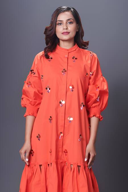 Deepika Arora Orange Cotton Sequins Collared Puff Sleeve Hand Embroidered Dress Online at Aza Fashions Deepika Arora_Orange Cotton Sequins Collared Puff Sleeve Hand Embroidered Dress_Online_at_Aza_Fashions