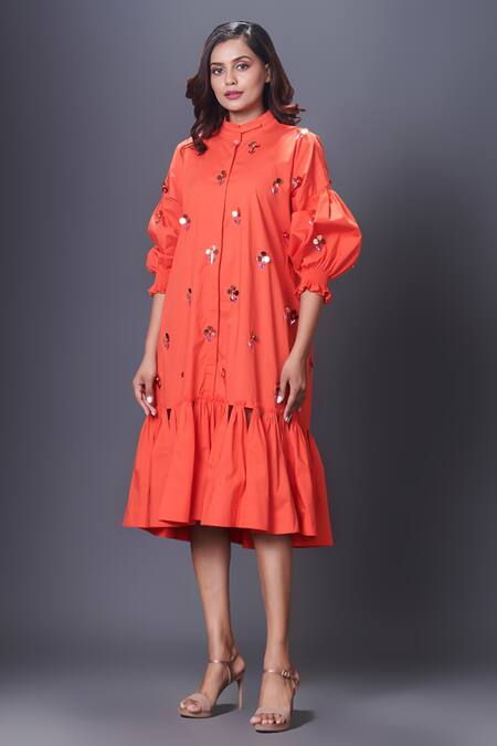 Buy Deepika Arora Orange Cotton Sequins Collared Puff Sleeve Hand Embroidered Dress Online at Aza Fashions Buy_Deepika Arora_Orange Cotton Sequins Collared Puff Sleeve Hand Embroidered Dress_Online_at_Aza_Fashions