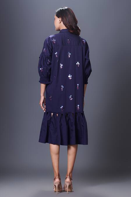 Shop_Deepika Arora_Purple Cotton Sequins Collared Hand Embroidered Frill Hem Dress_at_Aza_Fashions