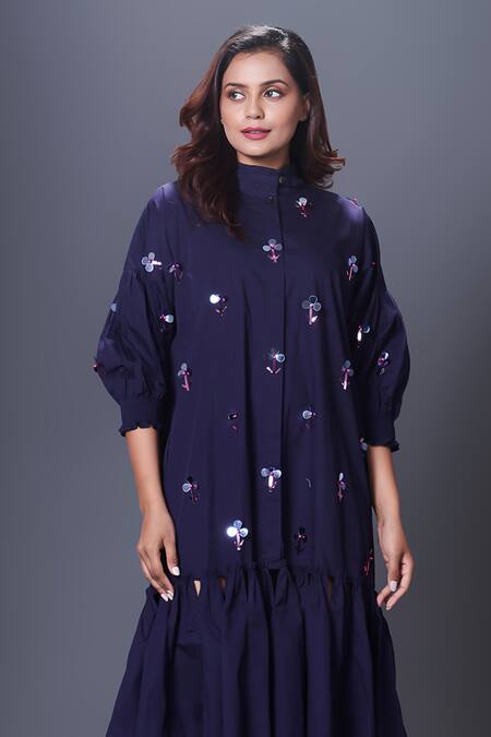 Deepika Arora_Purple Cotton Sequins Collared Hand Embroidered Frill Hem Dress_Online_at_Aza_Fashions