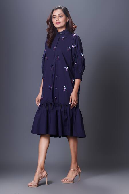 Buy_Deepika Arora_Purple Cotton Sequins Collared Hand Embroidered Frill Hem Dress_Online_at_Aza_Fashions