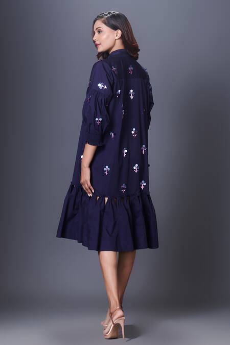 Shop_Deepika Arora_Purple Cotton Sequins Collared Hand Embroidered Frill Hem Dress_Online_at_Aza_Fashions