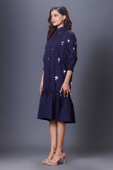 Deepika Arora_Purple Cotton Sequins Collared Hand Embroidered Frill Hem Dress_at_Aza_Fashions