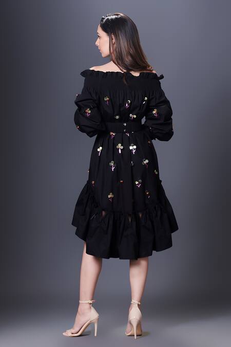 Shop Deepika Arora Black Cotton Sequins Off-shoulder Embroidered Off Dress With Belt at Aza Fashions Shop_Deepika Arora_Black Cotton Sequins Off-shoulder Embroidered Off Dress With Belt_at_Aza_Fashions