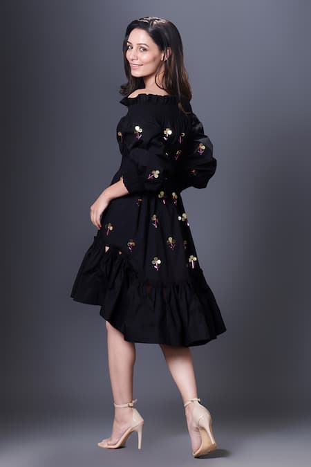 Shop Deepika Arora Black Cotton Sequins Off-shoulder Embroidered Off Dress With Belt Online at Aza Fashions Shop_Deepika Arora_Black Cotton Sequins Off-shoulder Embroidered Off Dress With Belt_Online_at_Aza_Fashions