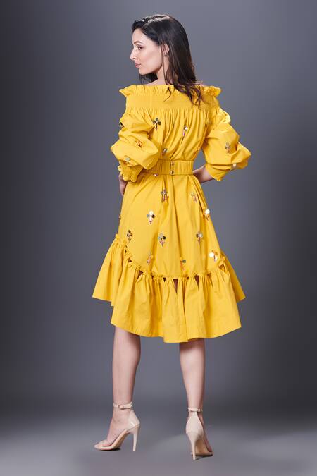 Shop Deepika Arora Yellow Cotton Sequins Off-shoulder Off Embroidered Dress With Belt at Aza Fashions Shop_Deepika Arora_Yellow Cotton Sequins Off-shoulder Off Embroidered Dress With Belt_at_Aza_Fashions