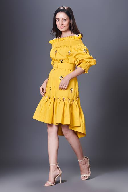 Deepika Arora Yellow Cotton Sequins Off-shoulder Off Embroidered Dress With Belt Online at Aza Fashions Deepika Arora_Yellow Cotton Sequins Off-shoulder Off Embroidered Dress With Belt_Online_at_Aza_Fashions