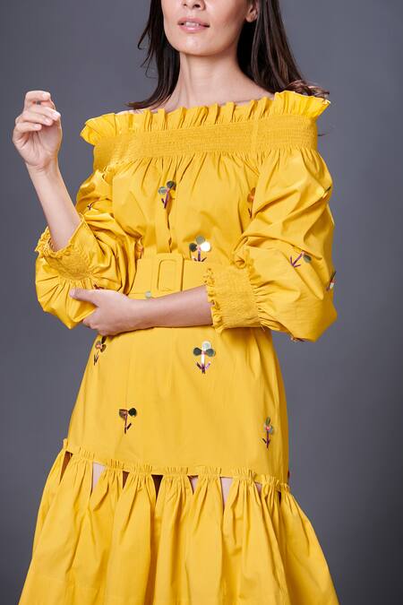 Buy Deepika Arora Yellow Cotton Sequins Off-shoulder Off Embroidered Dress With Belt Online at Aza Fashions Buy_Deepika Arora_Yellow Cotton Sequins Off-shoulder Off Embroidered Dress With Belt_Online_at_Aza_Fashions
