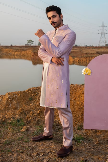 Runit Gupta Purple Sherwani Chanderi Silk Embellished Lush Pearl And Kurta Set 