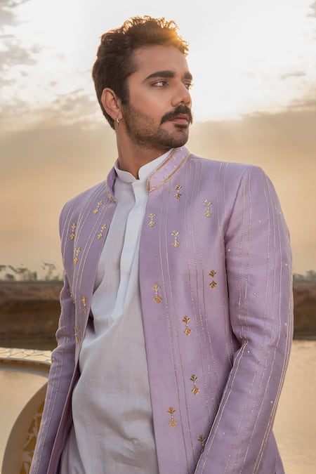 Runit Gupta_Purple Sherwani Chanderi Silk Embellished Cutdana Lush Pearl And Kurta Set _Online_at_Aza_Fashions