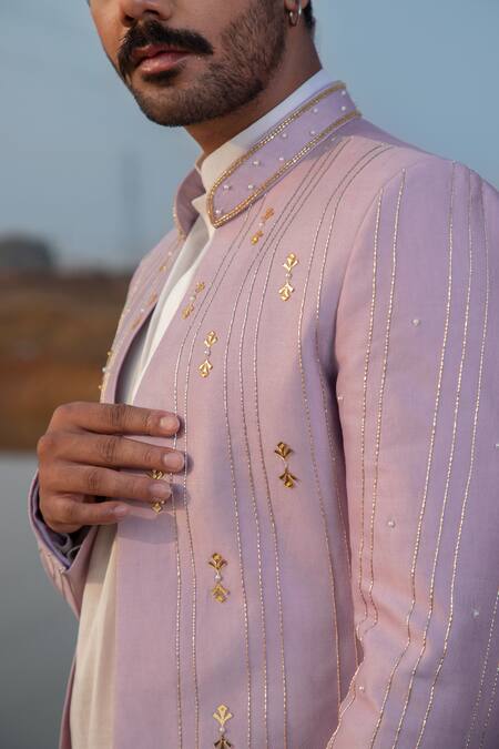 Buy_Runit Gupta_Purple Sherwani Chanderi Silk Embellished Cutdana Lush Pearl And Kurta Set _Online_at_Aza_Fashions