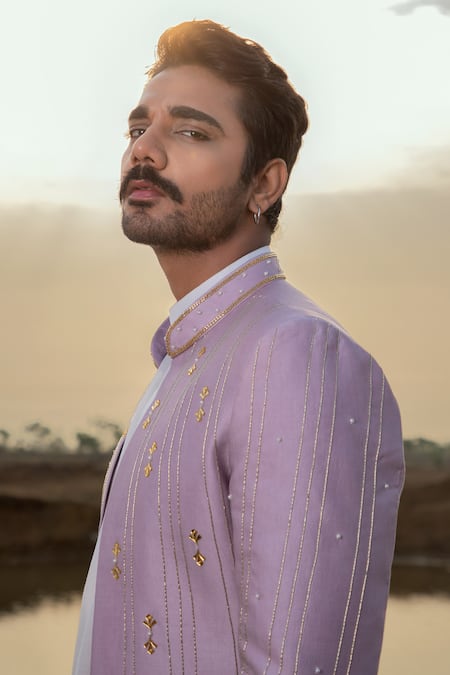 Shop_Runit Gupta_Purple Sherwani Chanderi Silk Embellished Cutdana Lush Pearl And Kurta Set _Online_at_Aza_Fashions
